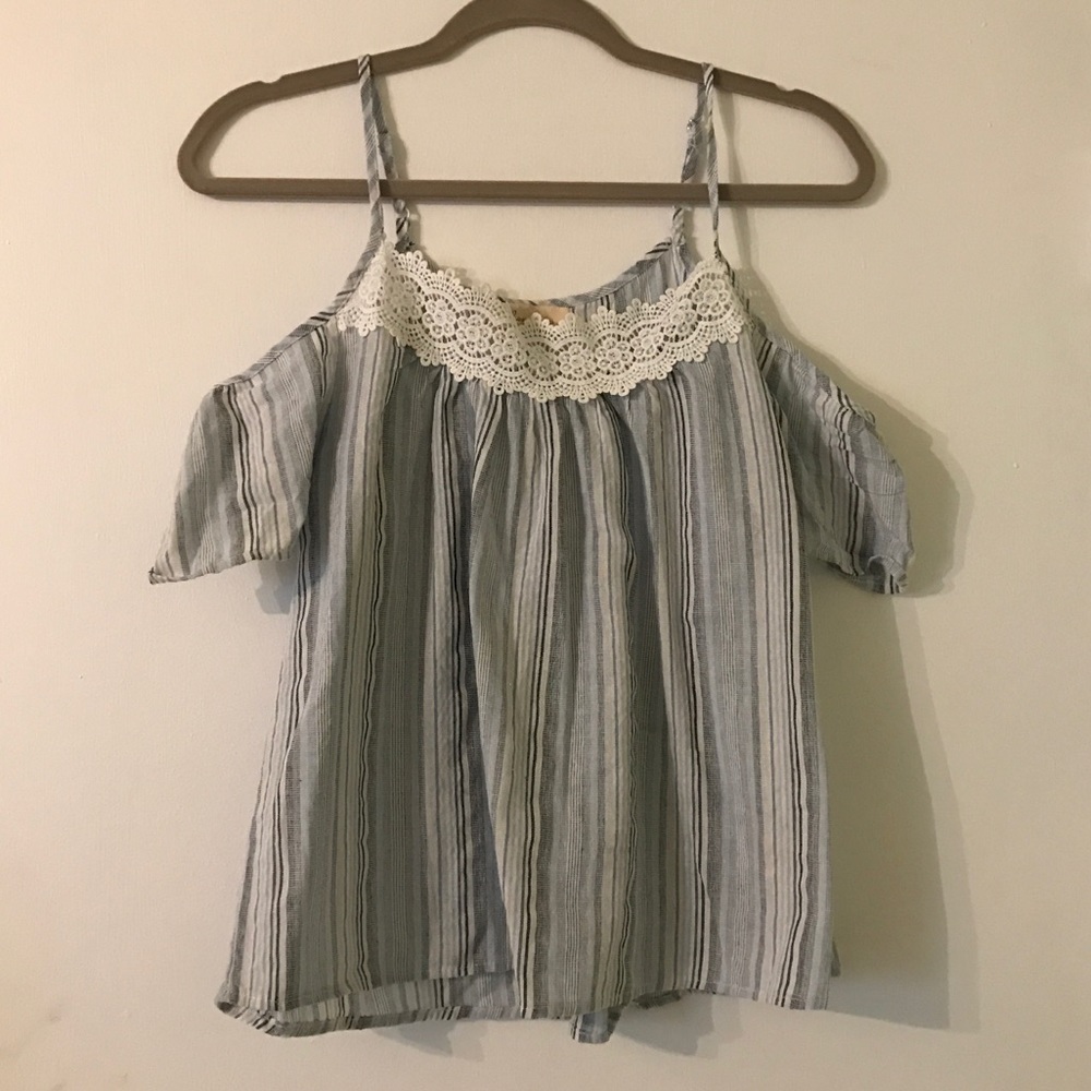 Blue and White Striped Lace Off the Shoulder Top